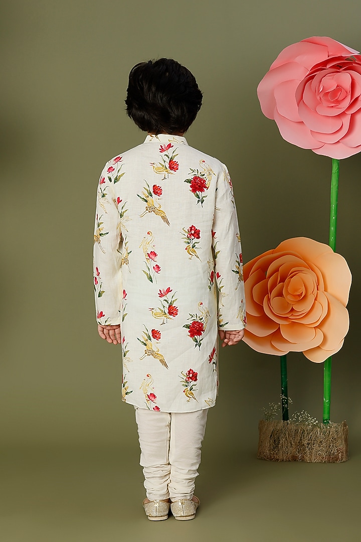 Ivory Linen Floral Printed Kurta Set For Boys by BAL BACHCHE by ROHIT BAL at Pernia's Pop Up Shop