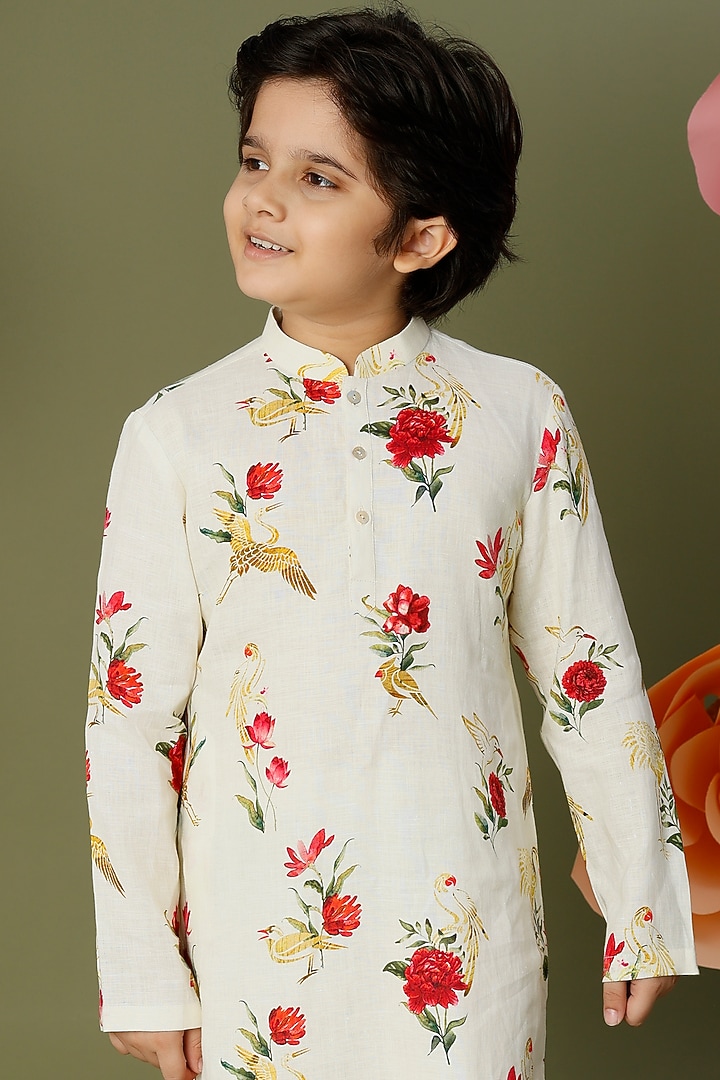Ivory Linen Floral Printed Kurta Set For Boys by BAL BACHCHE by ROHIT BAL at Pernia's Pop Up Shop