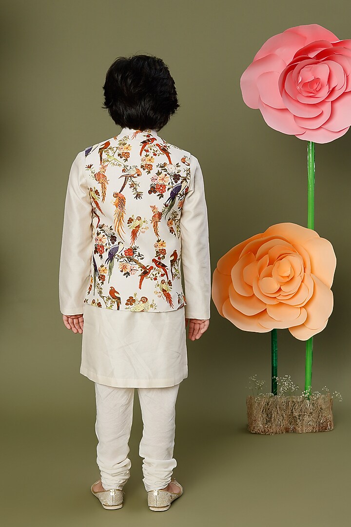 Ivory Linen Printed Bundi Jacket With Kurta Set For Boys by BAL BACHCHE by ROHIT BAL at Pernia's Pop Up Shop