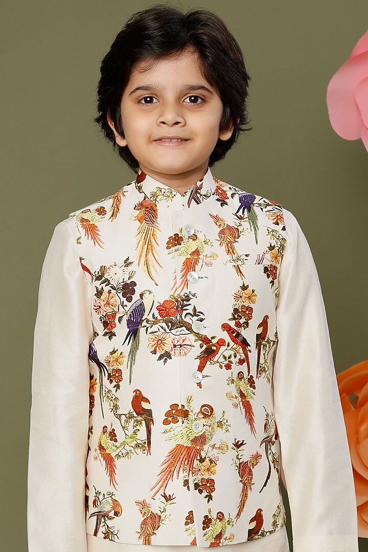 Ivory Linen Printed Bundi Jacket With Kurta Set For Boys by BAL BACHCHE by ROHIT BAL at Pernia's Pop Up Shop