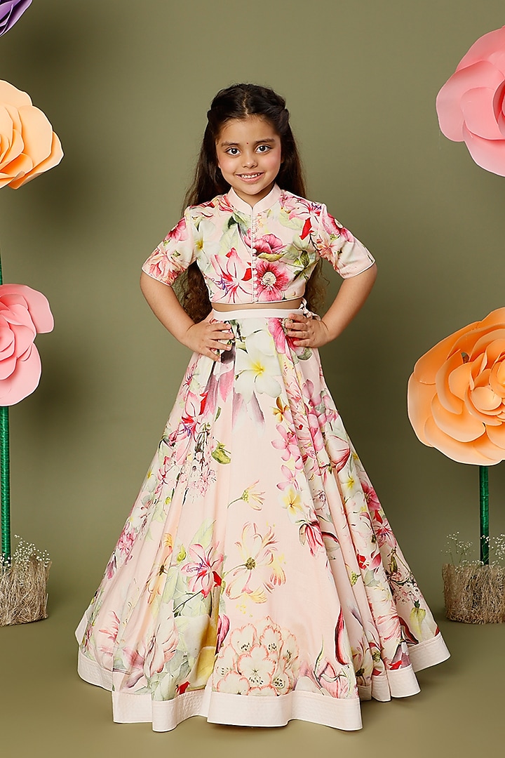 Pink Printed Lehenga Set For Girls by BAL BACHCHE by ROHIT BAL