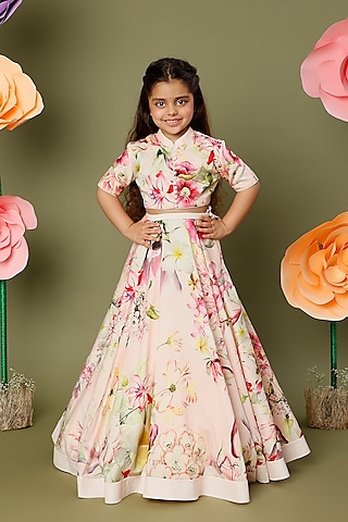 Pink Printed Lehenga Set For Girls by BAL BACHCHE by ROHIT BAL