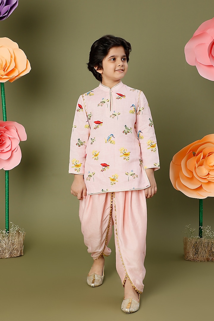 Pink Linen Printed Kurta Set For Boys by BAL BACHCHE by ROHIT BAL