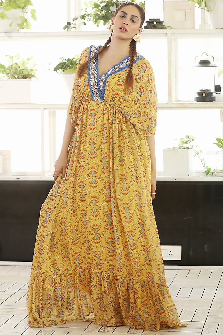 Yellow Chiffon Printed Kaftan Set by Rebecca Dewan at Pernia's Pop Up Shop