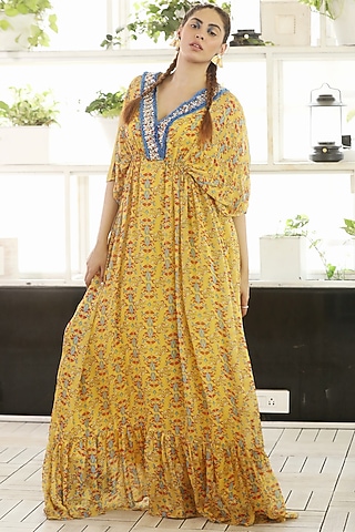 Yellow Chiffon Printed Kaftan Set by Rebecca Dewan