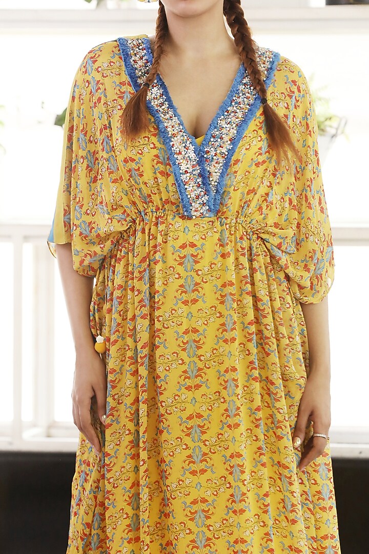 Yellow Chiffon Printed Kaftan Set by Rebecca Dewan at Pernia's Pop Up Shop