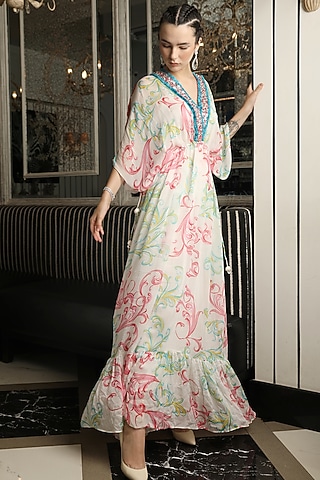 White Chiffon Printed Kaftan Set by Rebecca Dewan