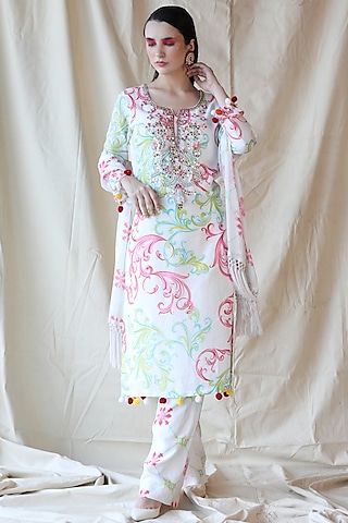 White Printed Kurta Set by Rebecca Dewan