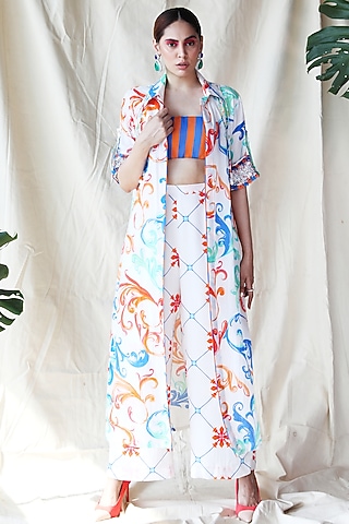White Printed Jacket Set by Rebecca Dewan