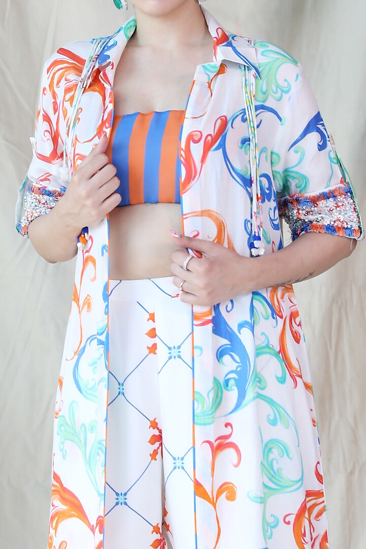 White Printed Jacket Set by Rebecca Dewan at Pernia's Pop Up Shop