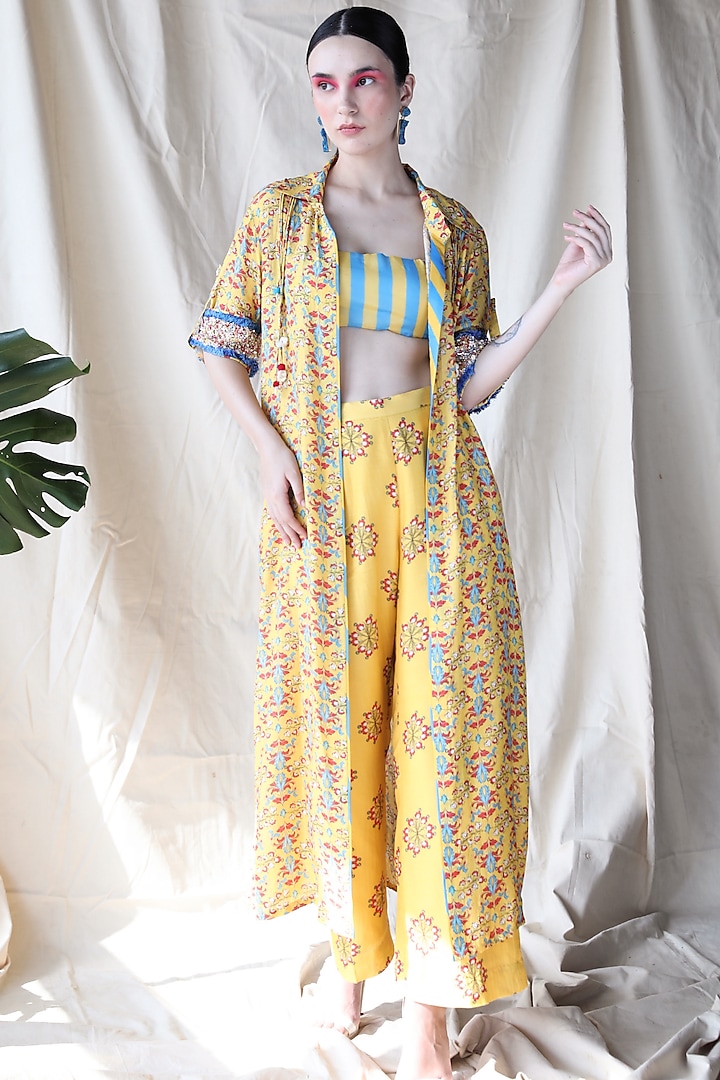 Yellow Printed Jacket Set by Rebecca Dewan