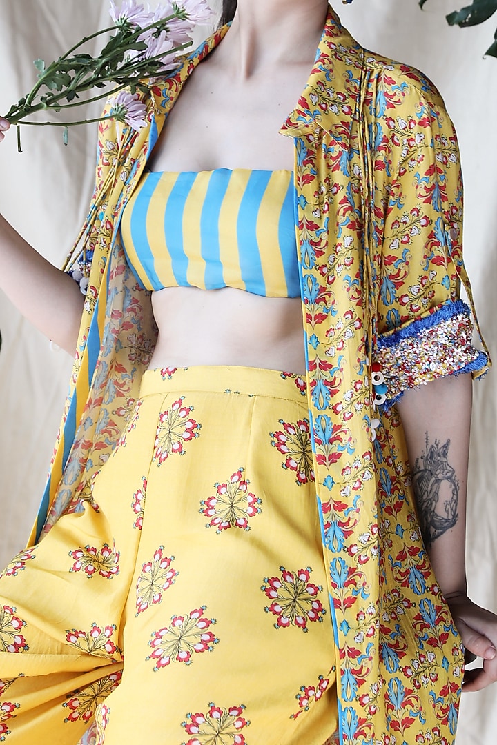 Yellow Printed Jacket Set by Rebecca Dewan at Pernia's Pop Up Shop