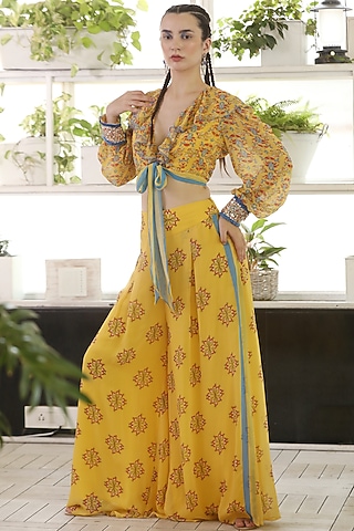 Yellow Printed Pant Set by Rebecca Dewan