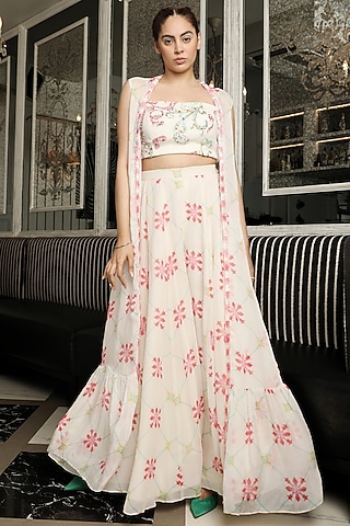 White Printed Pant Set With Cape by Rebecca Dewan