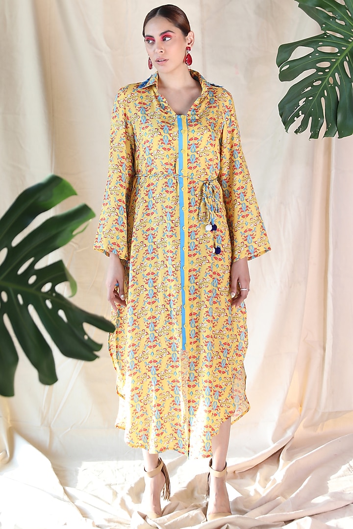 Yellow Printed Shirt Dress by Rebecca Dewan