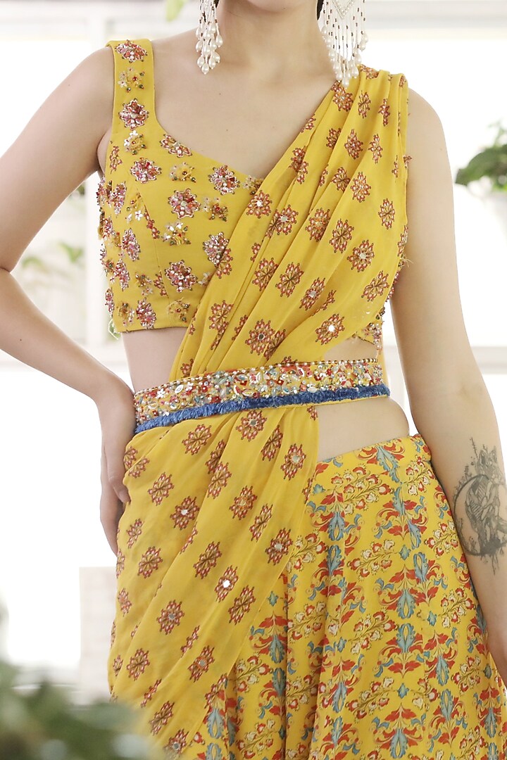 Yellow Printed Pant Set With Belt by Rebecca Dewan at Pernia's Pop Up Shop