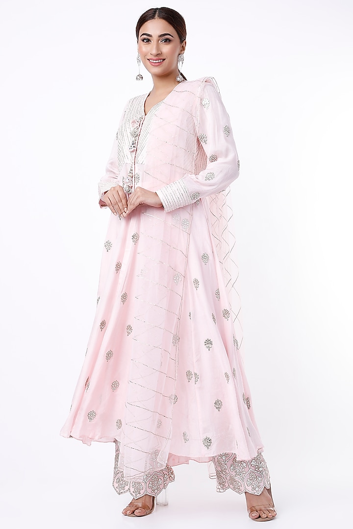 Blush Pink Embroidered Anarkali Set by Rebecca Dewan