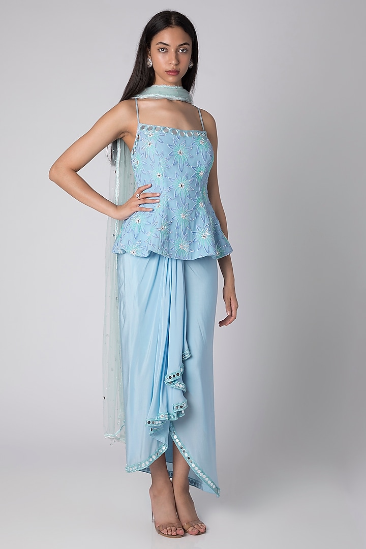Powder Blue Embroidered Draped Lehenga Set by Rebecca Dewan at Pernia's Pop Up Shop