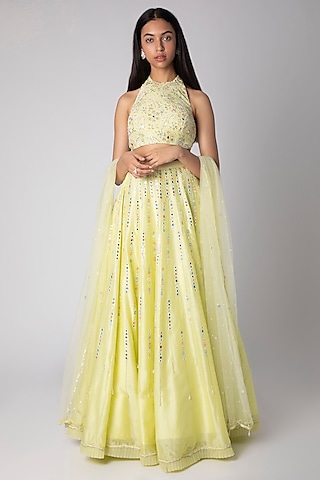 Lime Yellow Embroidered Lehenga Set by Rebecca Dewan