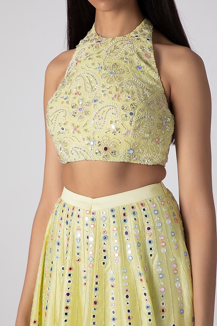 Lime Yellow Embroidered Wedding Lehenga Set by Rebecca Dewan at Pernia's Pop Up Shop