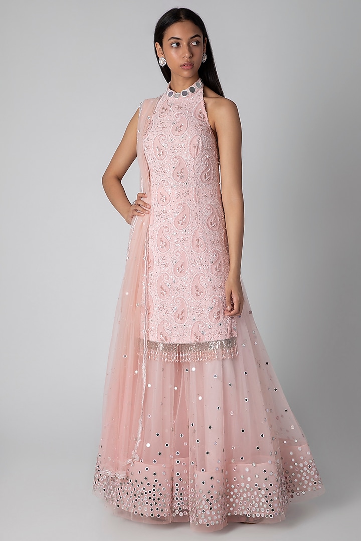 Blush Pink Embroidered Kurta Set by Rebecca Dewan