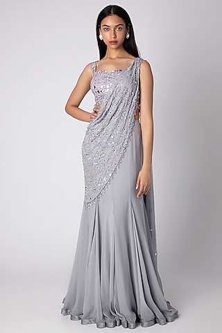 Grey Embroidered Saree Set by Rebecca Dewan