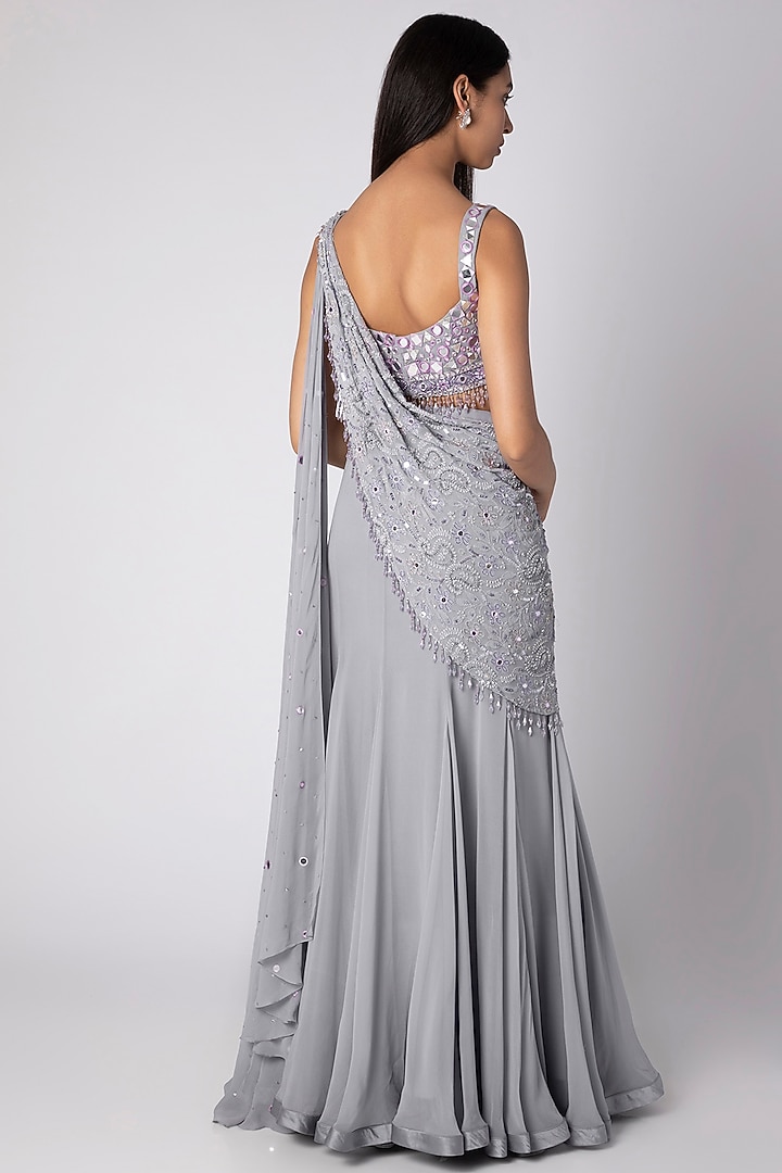 Grey Embroidered Wedding Saree Set by Rebecca Dewan at Pernia's Pop Up Shop