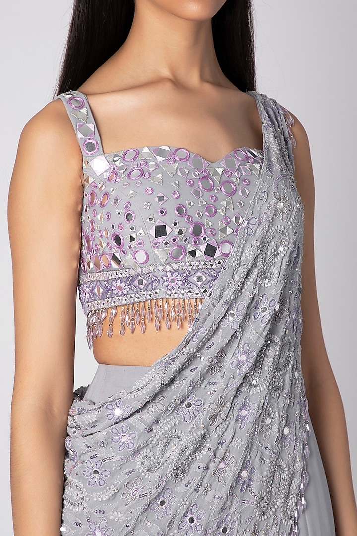 Grey Embroidered Wedding Saree Set by Rebecca Dewan at Pernia's Pop Up Shop