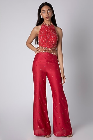 Maroon Embroidered Tasseled Jumpsuit by Rebecca Dewan