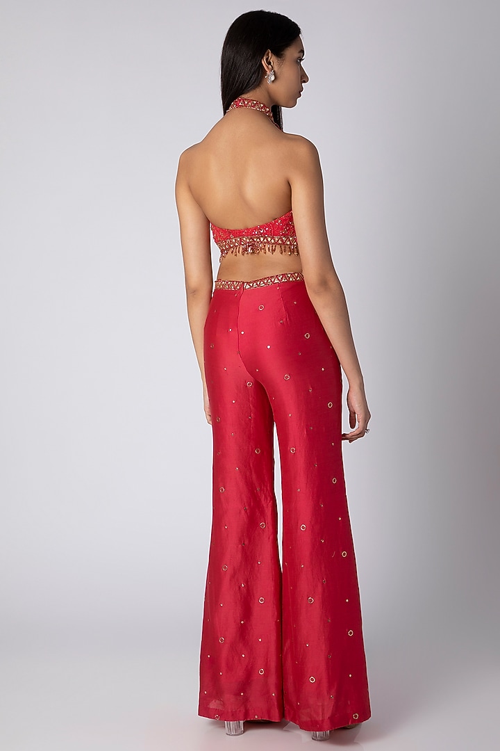 Maroon Embroidered Tasseled Jumpsuit by Rebecca Dewan at Pernia's Pop Up Shop