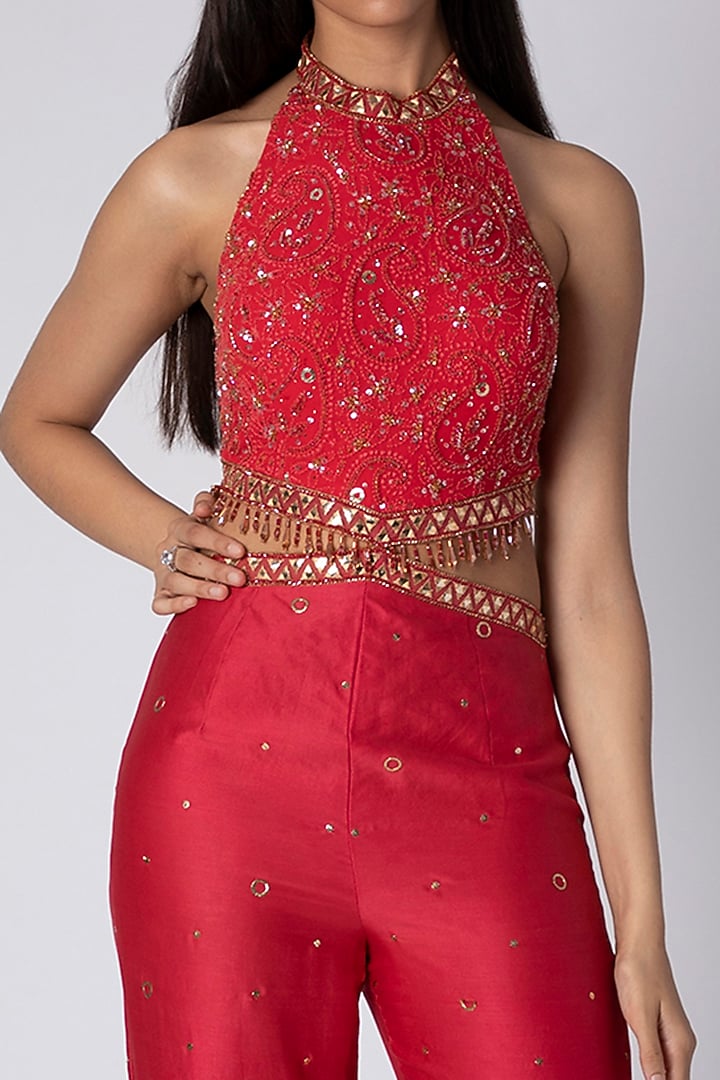 Maroon Embroidered Tasseled Jumpsuit by Rebecca Dewan at Pernia's Pop Up Shop