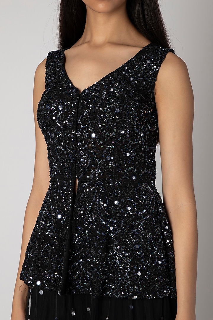 Black Embroidered Peplum Jacket With Palazzo Pants by Rebecca Dewan at Pernia's Pop Up Shop