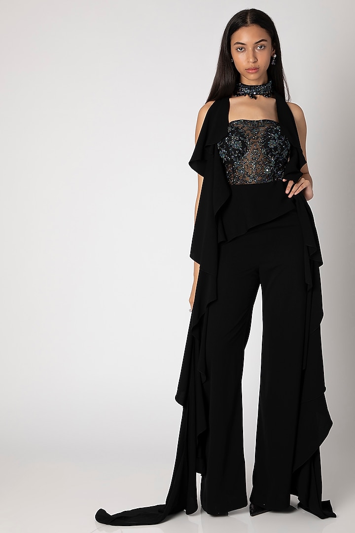 Black Embroidered Jumpsuit With Choker by Rebecca Dewan