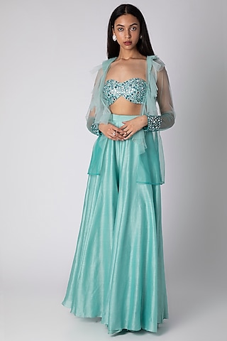Powder Blue Embroidered Jacket Set by Rebecca Dewan