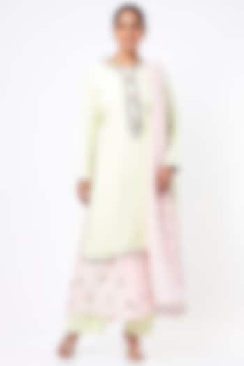 Lime & Blush Pink Embroidered Anarkali Set by Rebecca Dewan