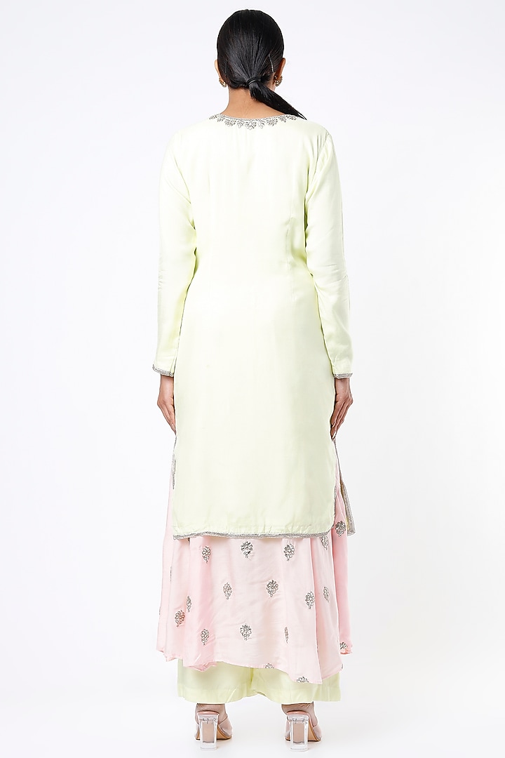 Lime & Blush Pink Embroidered Party Wear Anarkali Set by Rebecca Dewan at Pernia's Pop Up Shop