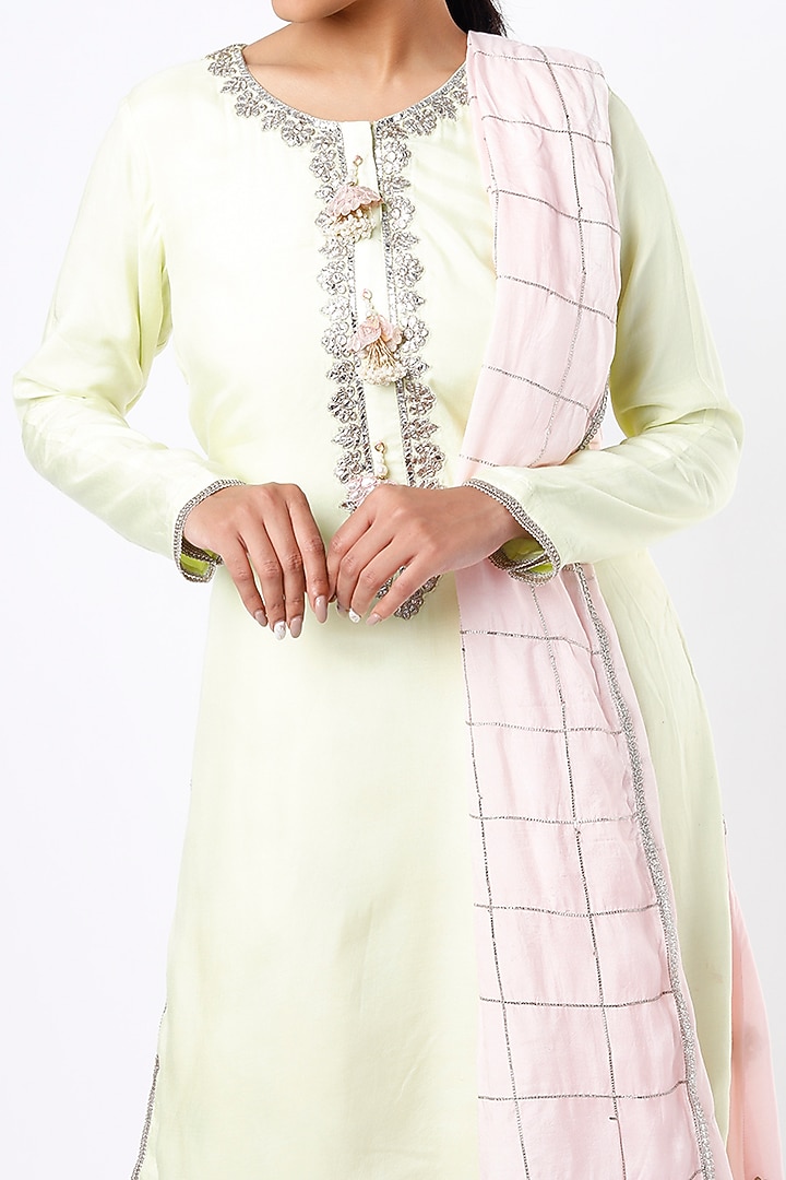 Lime & Blush Pink Embroidered Party Wear Anarkali Set by Rebecca Dewan at Pernia's Pop Up Shop