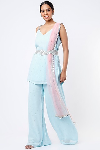 Sky Blue Embroidered Kurta Set by Rebecca Dewan