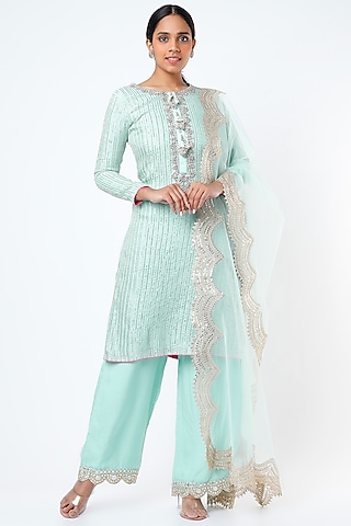 Chalk Blue Embroidered Kurta Set by Rebecca Dewan