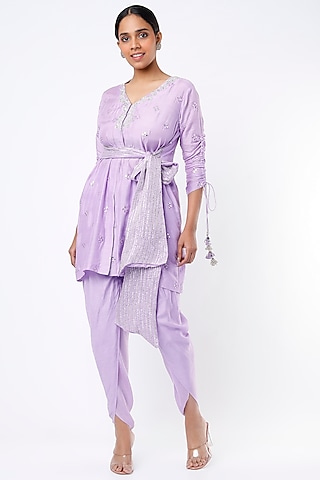 Lilac Mulmul Satin Dhoti Set by Rebecca Dewan