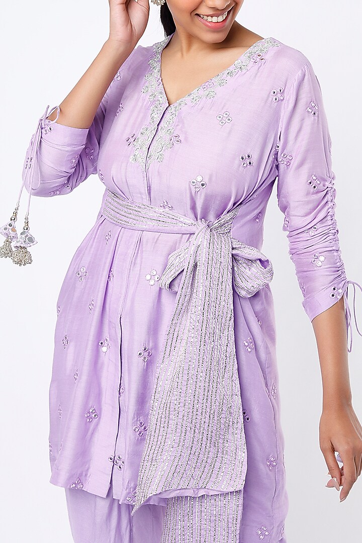Lilac Mulmul Satin Dhoti Set by Rebecca Dewan at Pernia's Pop Up Shop