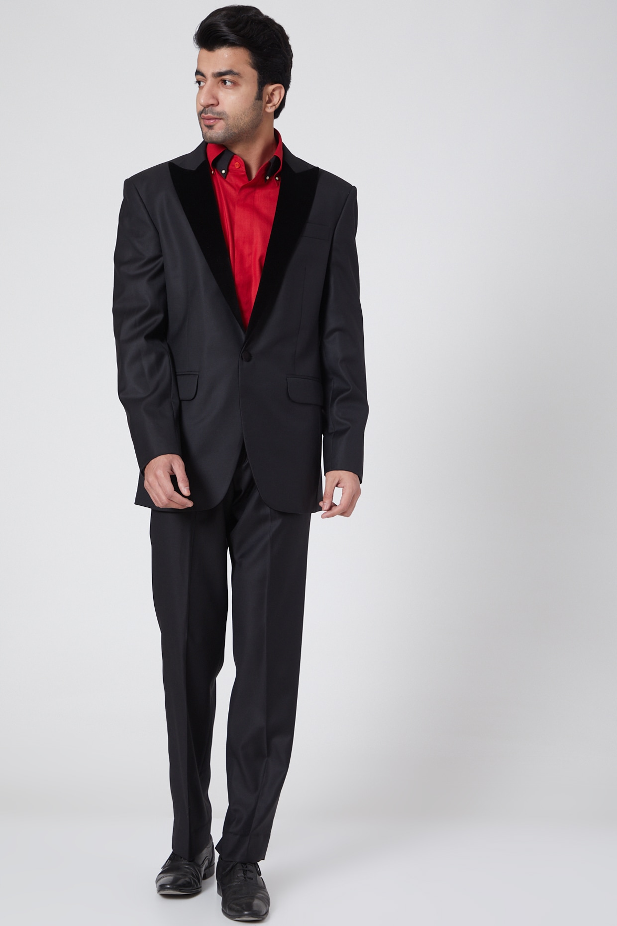 black tuxedo with red shirt