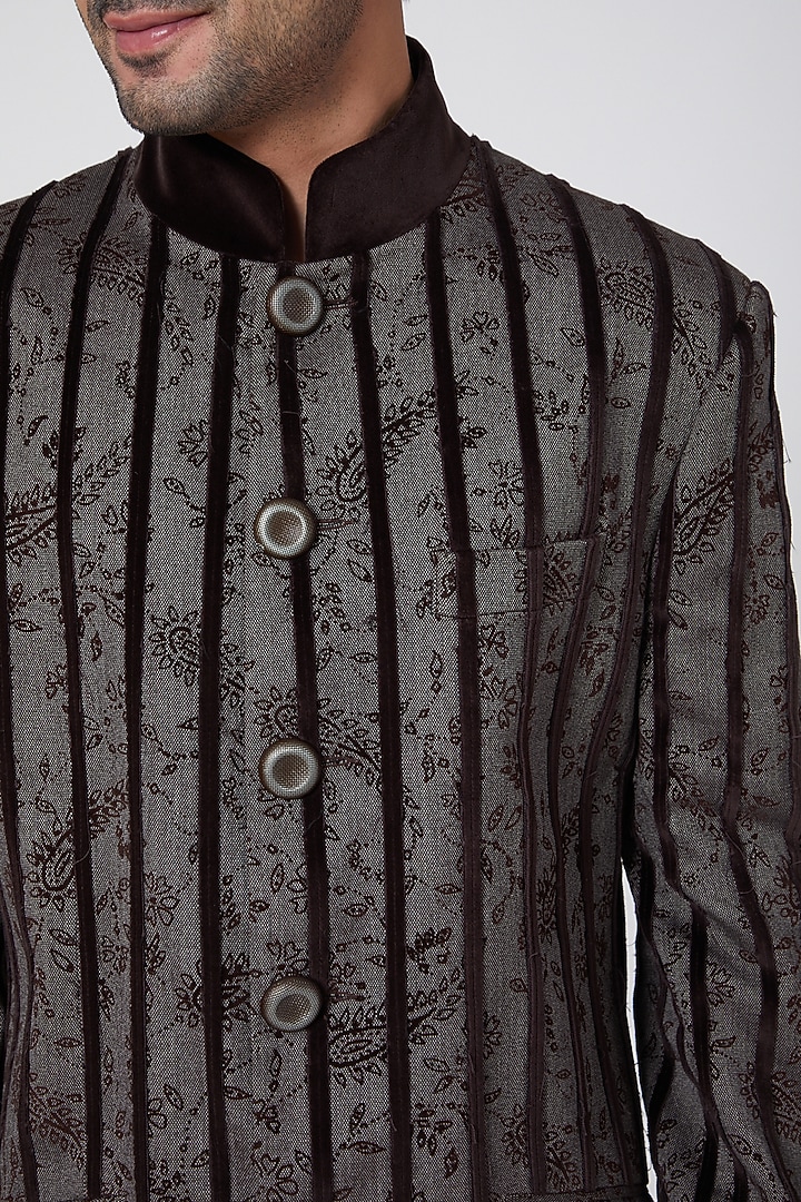 Brown Floral Groom Bandhgala Jacket by Ravi Bajaj at Pernia's Pop Up Shop