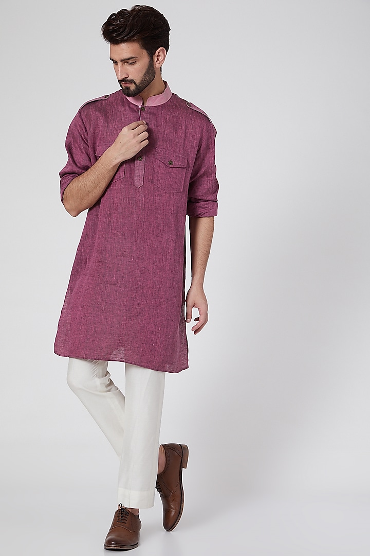 Purple Short Linen Kurta by Ravi Bajaj