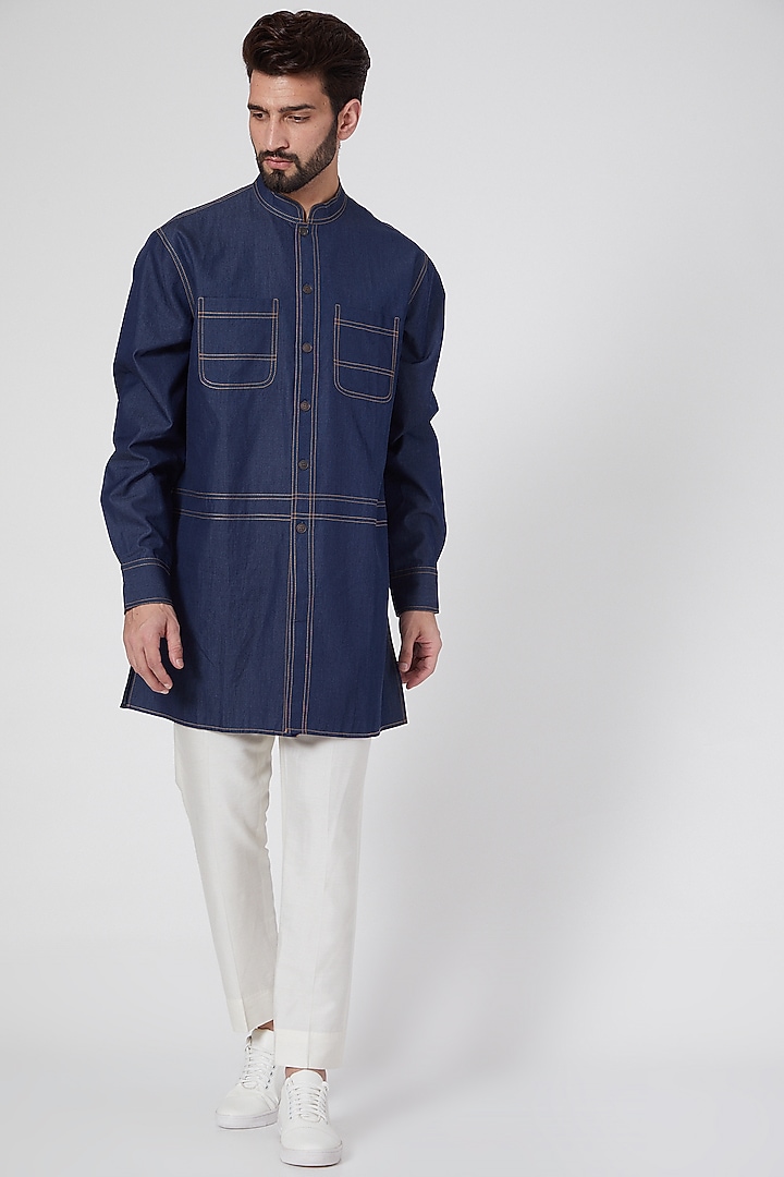 Cobalt Blue Denim Kurta by Ravi Bajaj at Pernia's Pop Up Shop