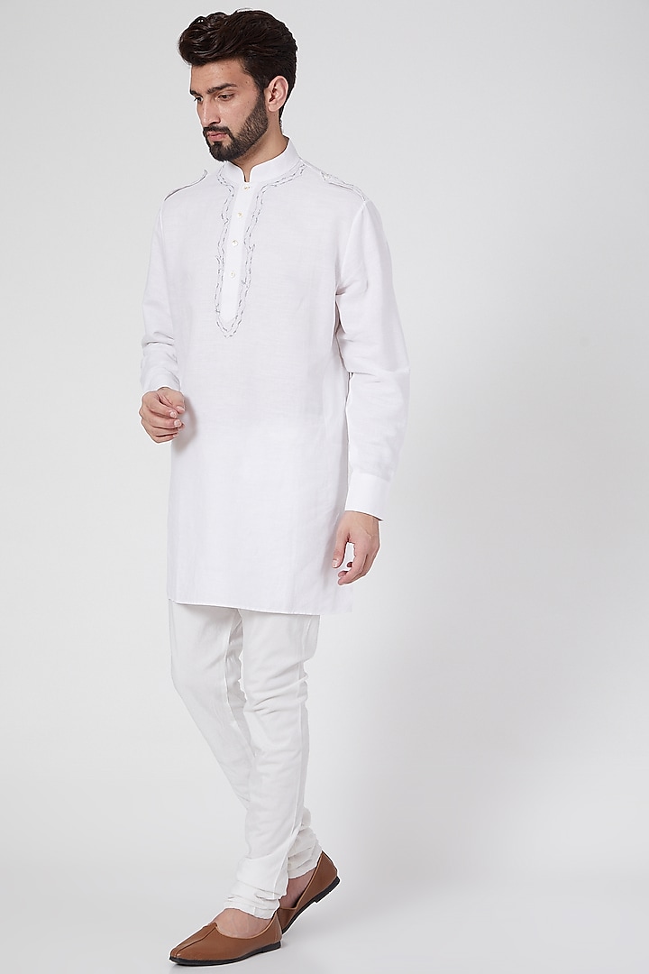 White Linen Embroidered Kurta by Ravi Bajaj
