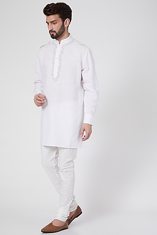 White Linen Embroidered Kurta by Ravi Bajaj