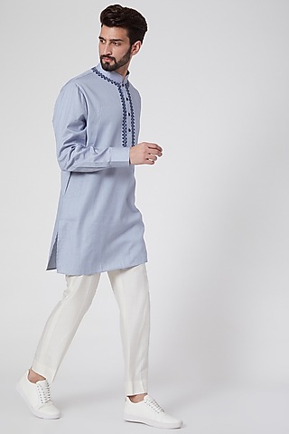 Blue & White Embroidered Kurta by Ravi Bajaj
