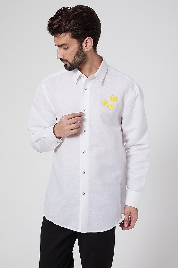 White Hand Painted Party Wear Shirt by Ravi Bajaj at Pernia's Pop Up Shop