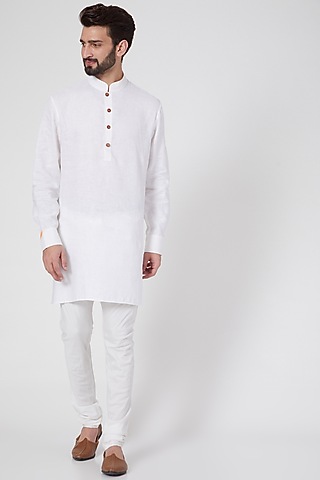 White Linen Hand Painted Kurta by Ravi Bajaj